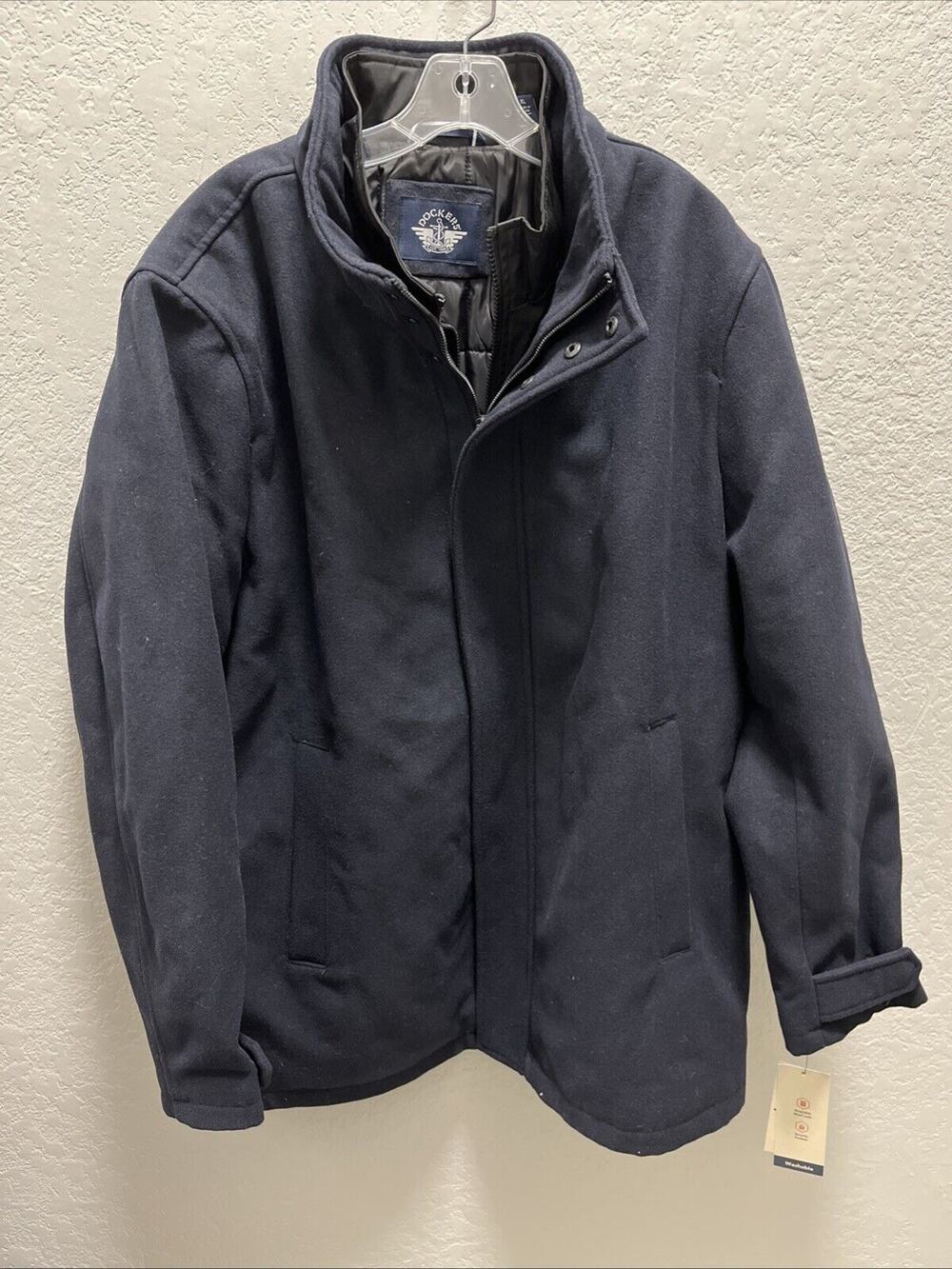 DOCKERS Men's XL Wool Melton Two Pocket Blue Full Length Duffle Coat